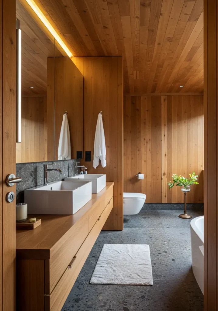 Inspired by Japanese timber architecture and Scandinavian craftsmanship, this concept creates a bathroom that feels like a private pavilion suspended in nature.