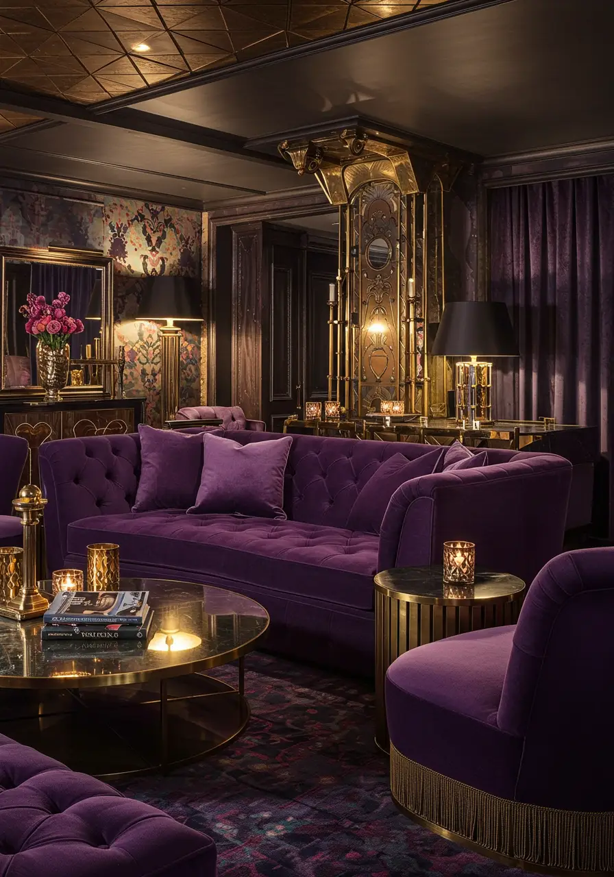 Embracing the "more is more" philosophy, this basement concept layers rich textures, bold patterns, and metallic accents to create a dramatic, jewel-toned space that feels like stepping into a luxury boutique hotel's VIP lounge.