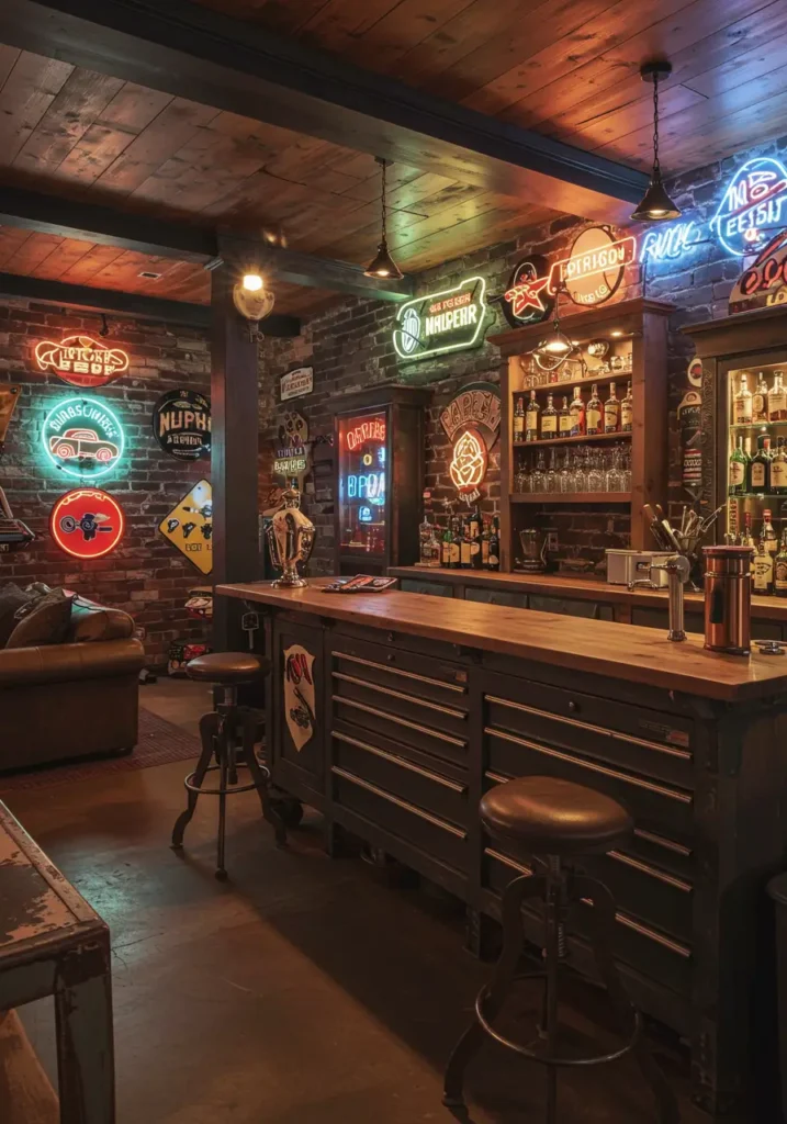 Combine the nostalgia of a classic garage with the functionality of a modern bar, perfect for car enthusiasts and DIY lovers.