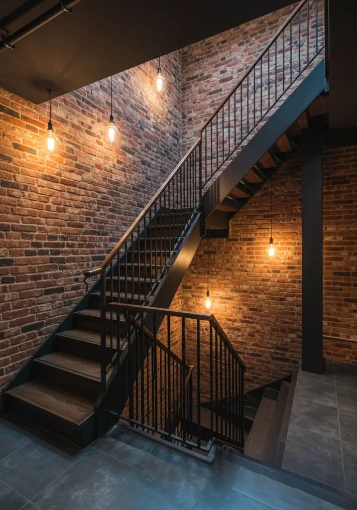 This concept celebrates the raw beauty of urban industrial spaces by incorporating exposed brick elements and modern lighting to create an expensive loft aesthetic. The design balances rugged materials with sophisticated lighting and contemporary accents.