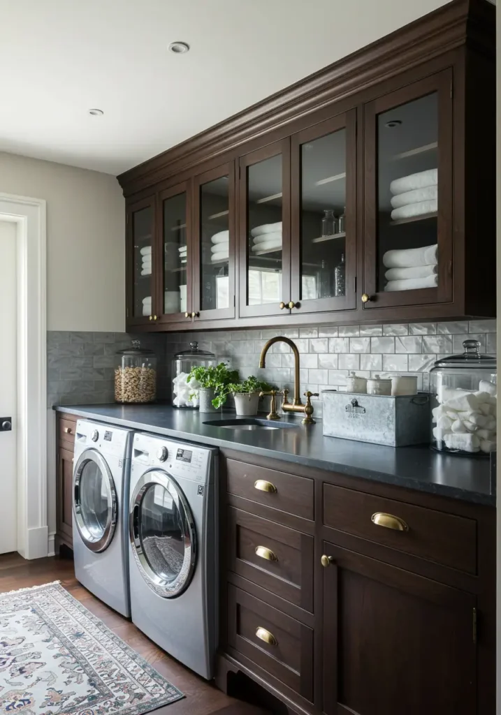 Drawing from old-world pharmacy aesthetics, this design creates a sophisticated basement laundry room that treats garment care with the precision and beauty of traditional apothecary practices.