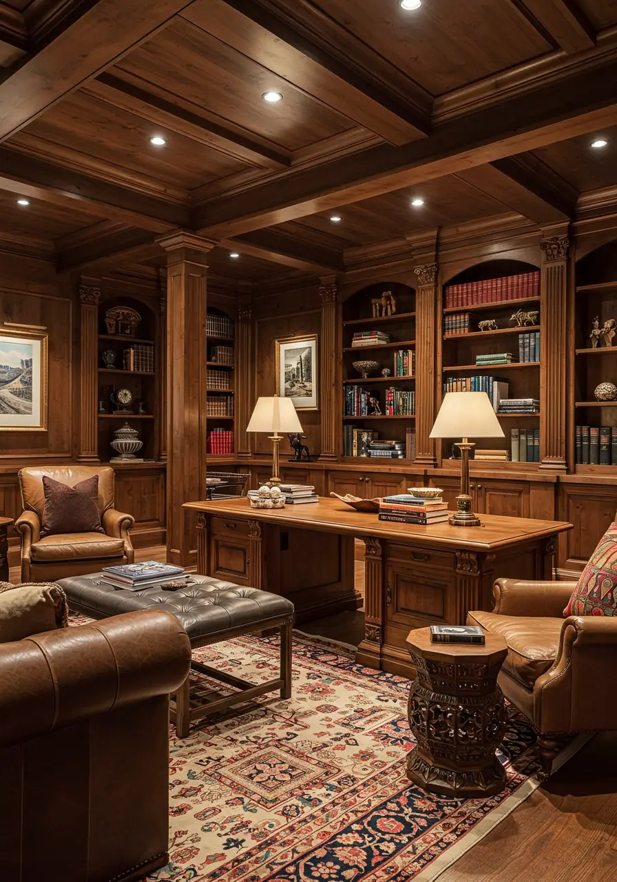 Evoking the atmosphere of an old-world gentleman's library, this basement celebrates the written word through rich materials, warm lighting, and scholarly ambiance perfect for reading and contemplation.