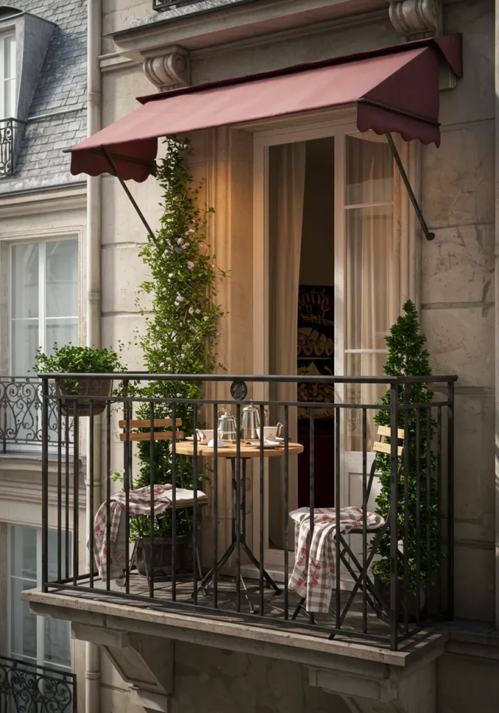 Channel the romance of old Paris with this charming balcony design that captures the essence of sidewalk cafés and intimate bistros through classic French styling and timeless elegance.