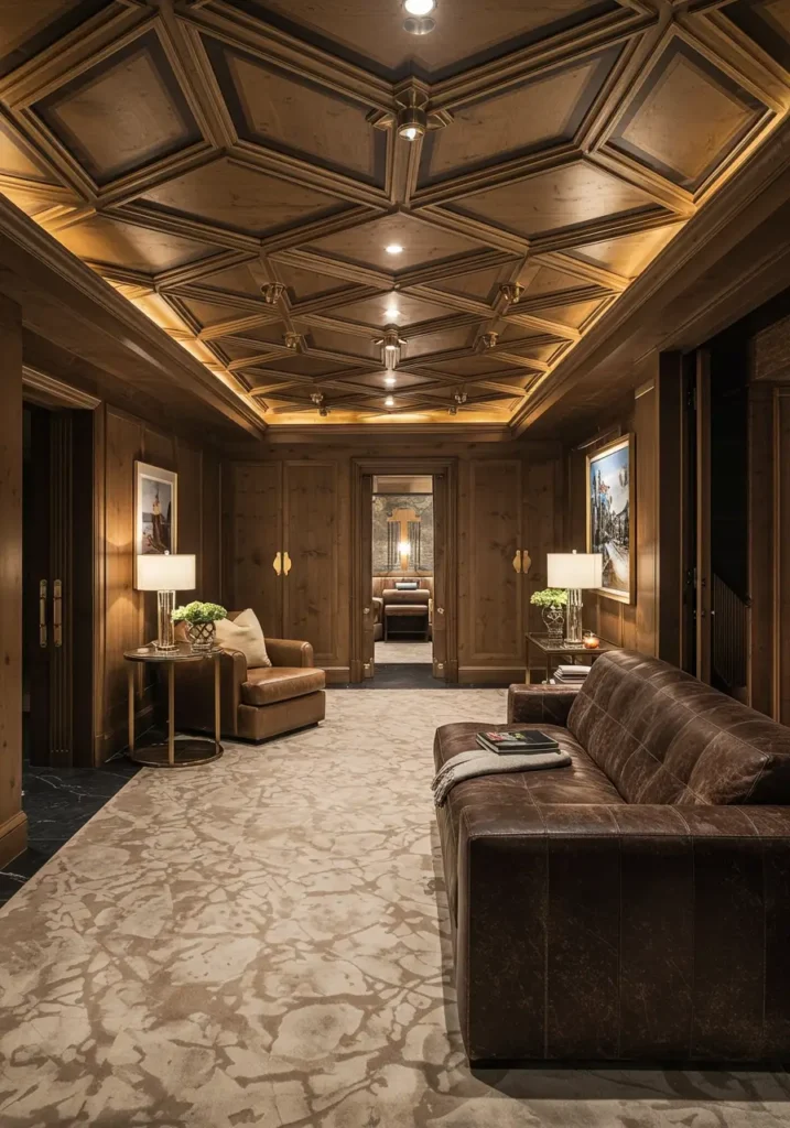 This concept channels the luxury and sophistication of 1920s Art Deco design using affordable materials and clever DIY techniques. The result is a basement that feels like an exclusive speakeasy or glamorous hotel lounge.
