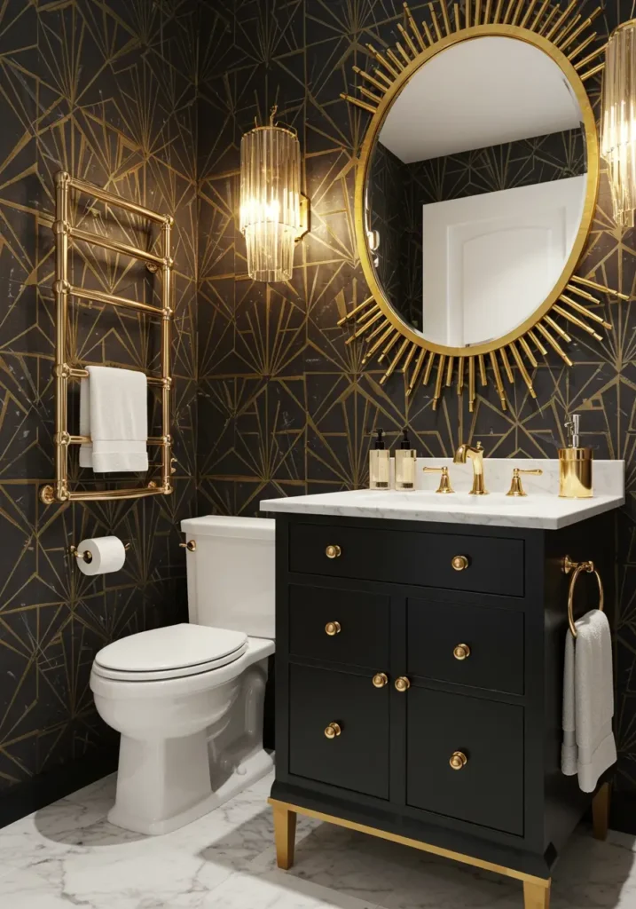 Drawing inspiration from 1920s Art Deco design, this concept uses geometric patterns and metallic accents to create a sophisticated, glamorous powder room that makes a bold statement through pattern and symmetry.