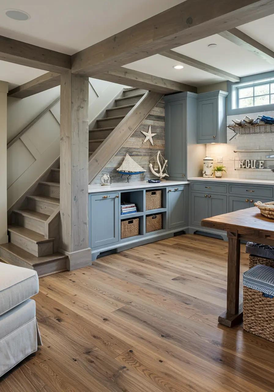 Bringing the serenity of coastal living underground, this design incorporates weathered woods, nautical elements, and ocean-inspired colors to create a beachy escape regardless of location.