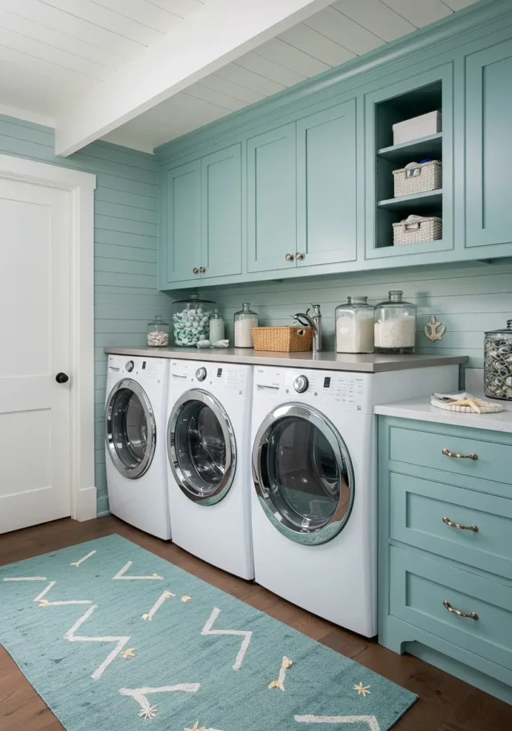Evoking the relaxed charm of seaside living, this design brings coastal tranquility to the basement laundry room through weathered finishes and ocean-inspired elements.