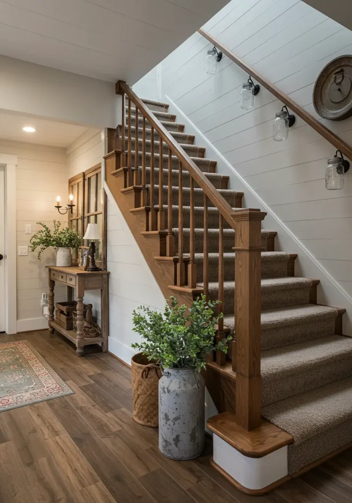 Inspired by renovated barn conversions and country farmhouses, this concept brings rustic warmth and charm to the basement stairwell through reclaimed wood textures, vintage accessories, and cozy lighting that creates an inviting country atmosphere.