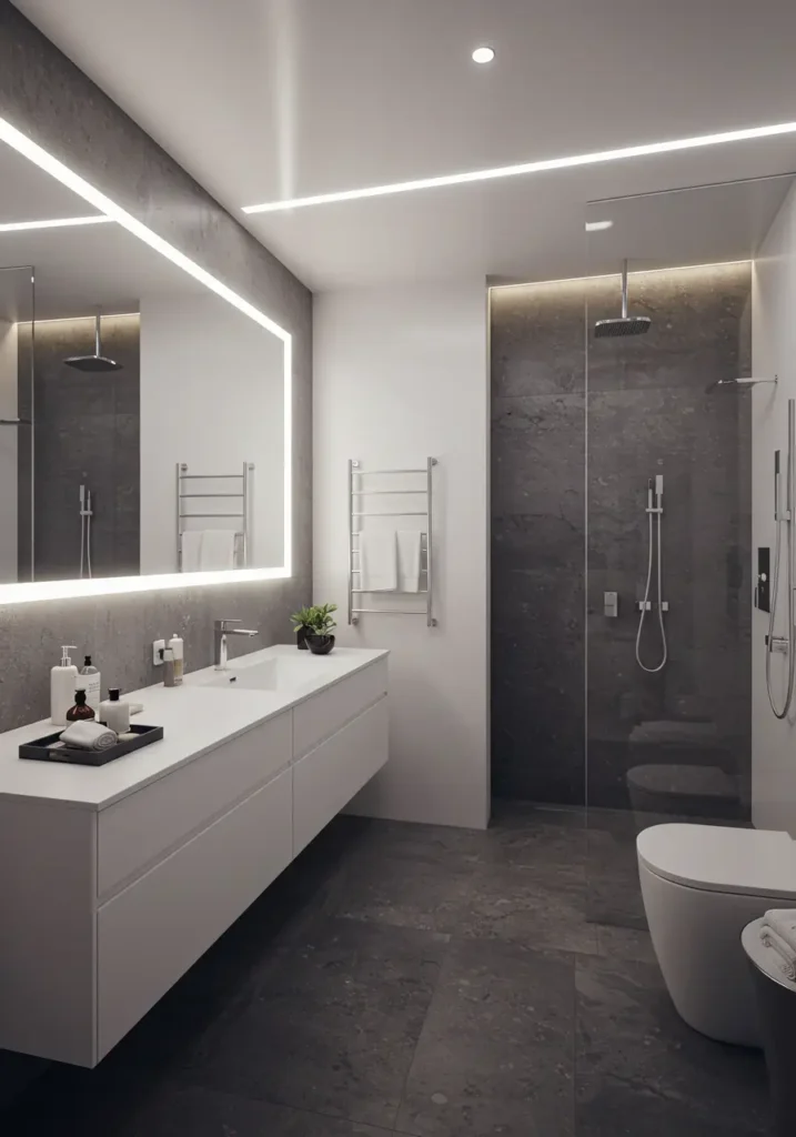Envisioning the bathroom of tomorrow, this concept integrates cutting-edge technology with sleek minimalism. The design celebrates innovation while maintaining human comfort and luxury.