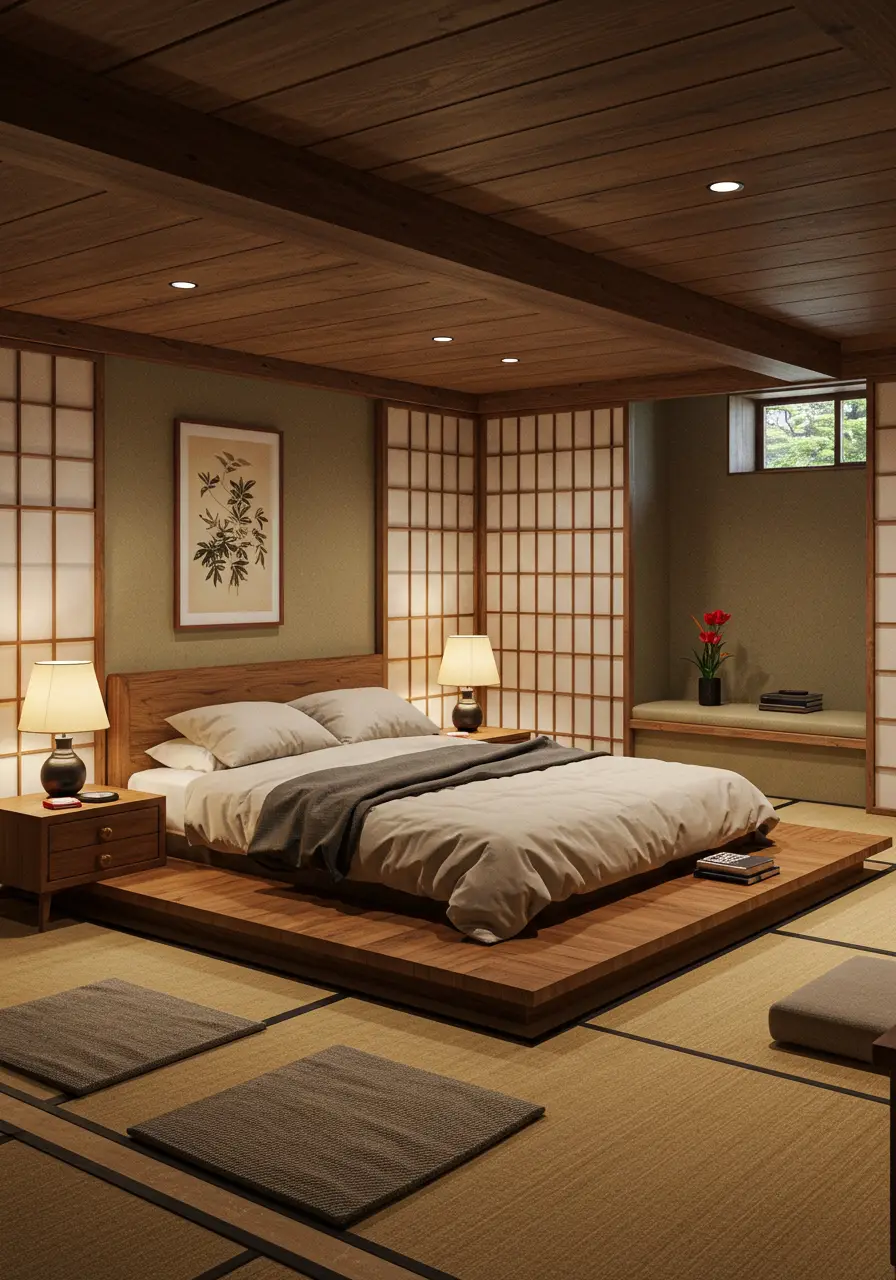 This design incorporates Japanese minimalism and natural elements to create a peaceful, meditation-friendly basement retreat that promotes rest and mindfulness.