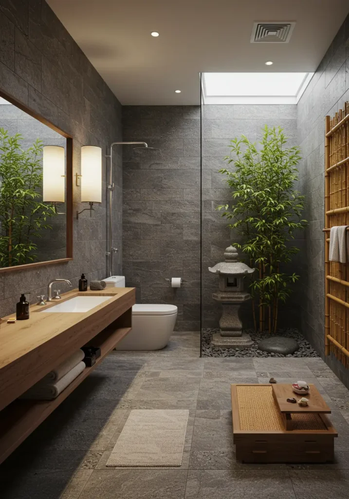 Rooted in traditional Japanese design principles, this bathroom creates a meditative space that promotes mindfulness and tranquility through natural materials and clean lines.