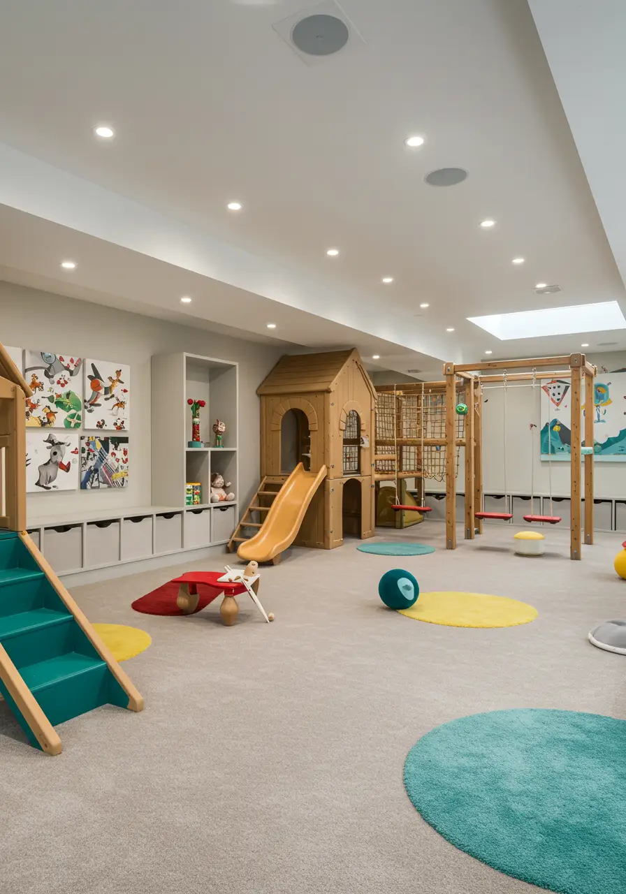 Creating a magical wonderland for children, this concept transforms the basement into an adventure-themed play space that encourages creativity, physical activity, and imaginative play while maintaining safety and organization.