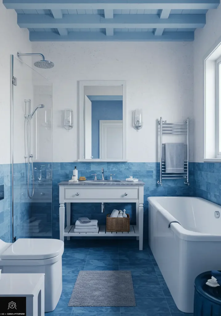 Capturing the sun-drenched beauty of Greek islands, this design brings Mediterranean charm and coastal serenity indoors. It's perfect for those who dream of azure waters and whitewashed buildings, wanting their bathroom to feel like a perpetual vacation.