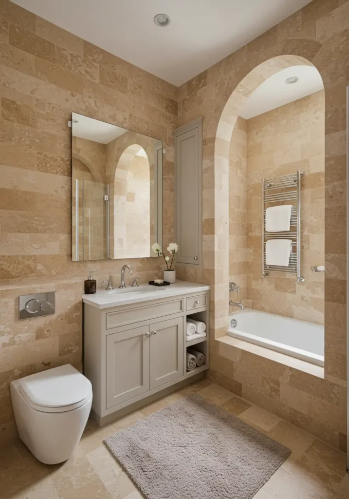 Evoking the sun-drenched coastal villas of the Mediterranean, this design brings Old World charm and seaside luxury into a compact bathroom through natural materials and timeless architectural details.