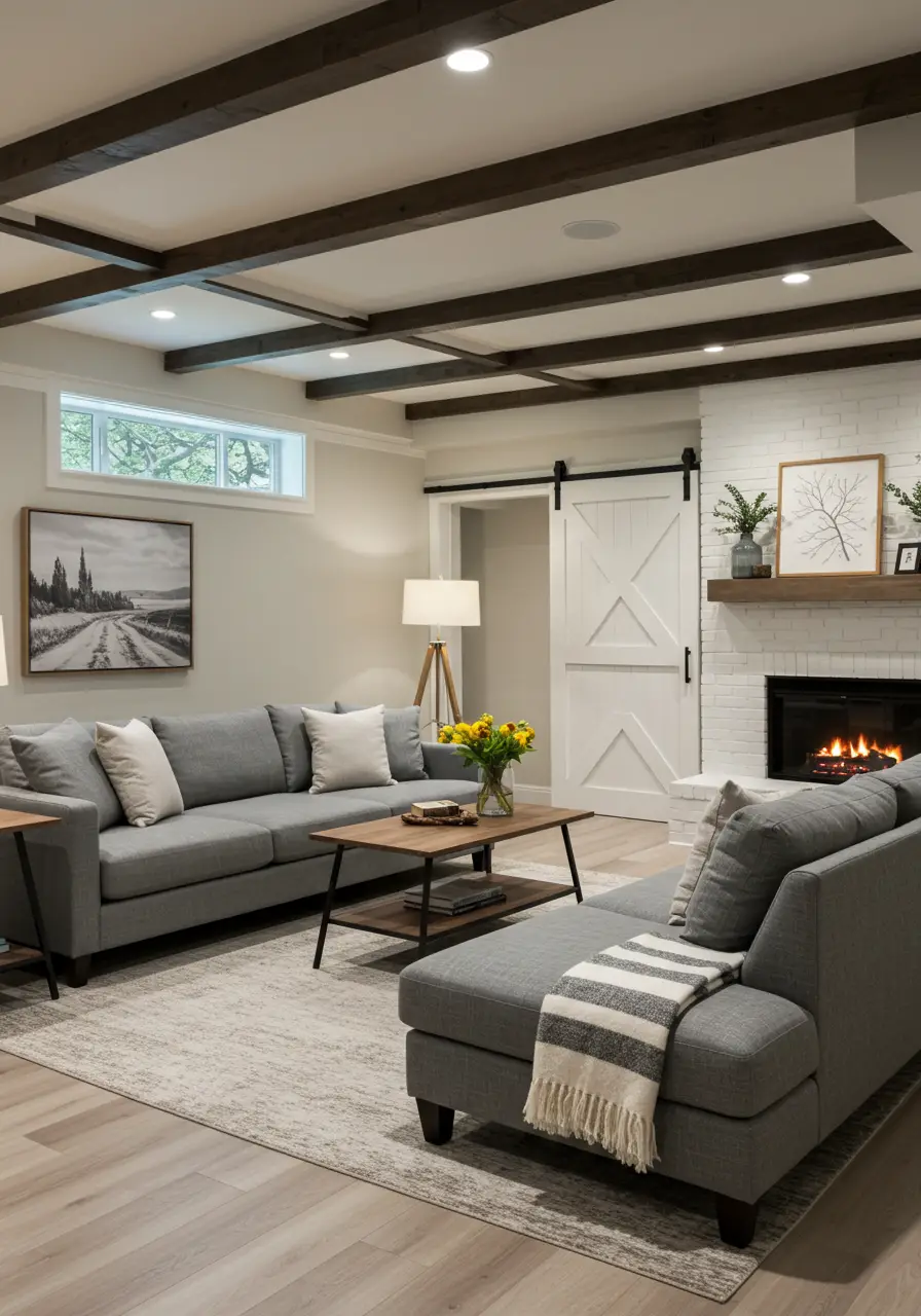 Blend rustic farmhouse charm with contemporary comfort in this inviting basement design featuring shiplap walls, barn doors, and modern furnishings. This concept appeals to families who love the warmth of farmhouse style but prefer cleaner, more updated aesthetics.