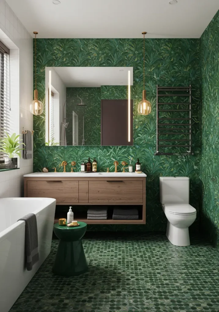 Celebrating the "more is more" philosophy, this bathroom embraces bold patterns, rich textures, and lush plant life. The layered green palette creates visual depth while maintaining cohesion through careful color coordination.