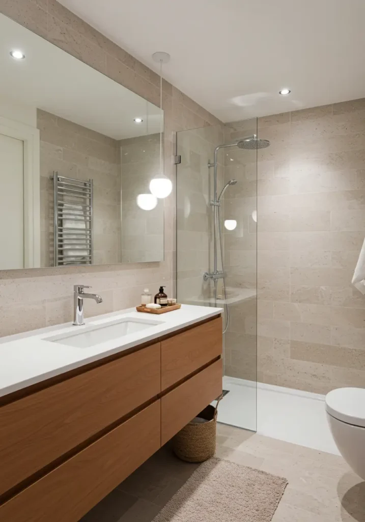 This design creates a serene spa-like atmosphere using Nordic design principles, natural materials, and clean lines to promote relaxation and visual spaciousness.