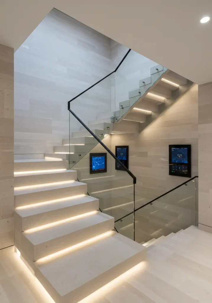 Design a futuristic staircase that showcases cutting-edge home automation technology while maintaining sleek aesthetics, perfect for tech enthusiasts and modern smart homes.