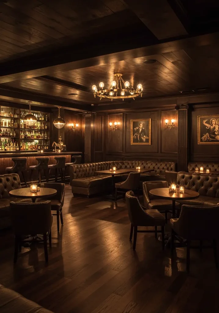 Channeling the clandestine elegance of Prohibition-era speakeasies, this concept creates a sophisticated basement bar with rich materials, intimate lighting, and timeless appeal.