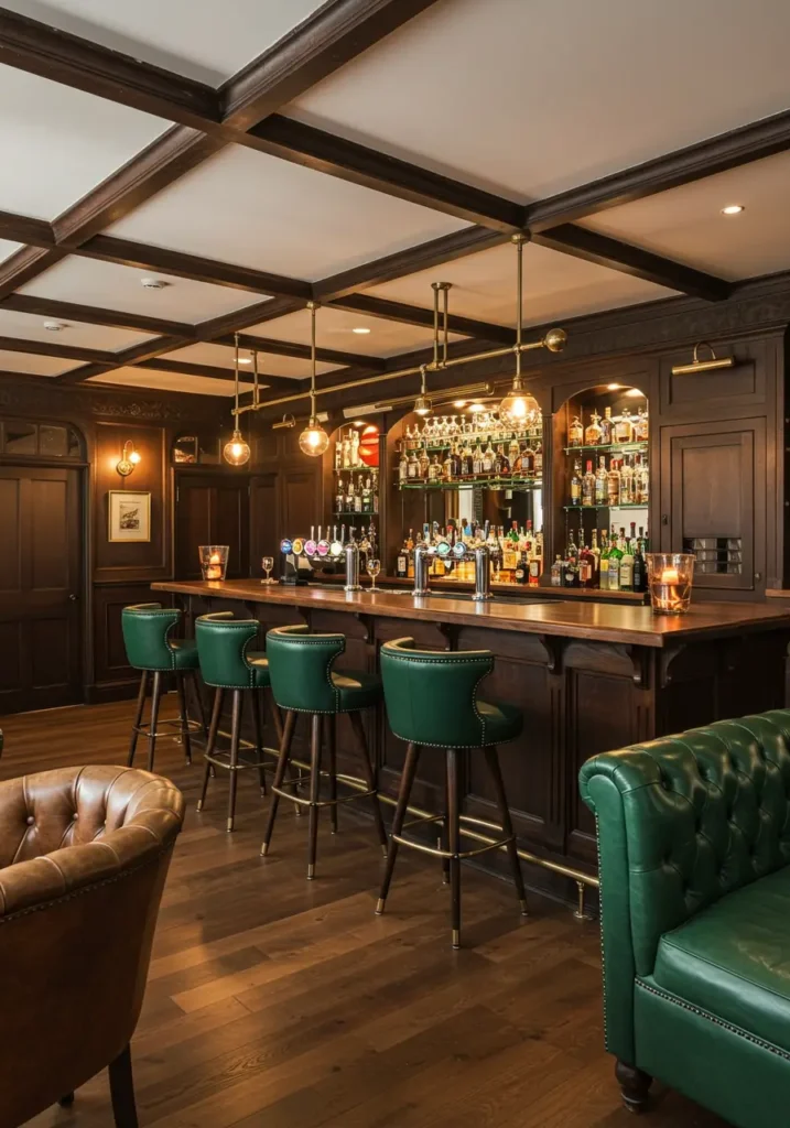 Recreate the warm, welcoming atmosphere of a traditional English pub with authentic materials and time-honored design elements.