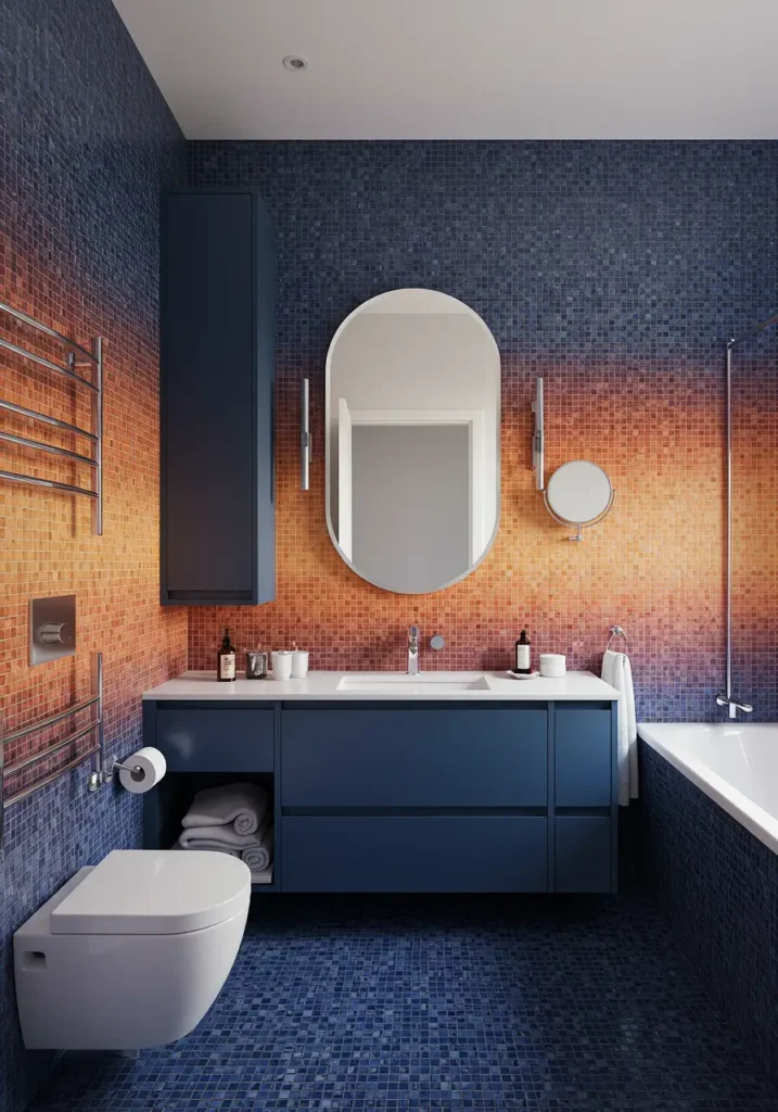 This concept explores color theory through a sophisticated mosaic gradient that transitions seamlessly from deep ocean blues to warm sunset oranges, creating a dreamlike atmosphere.