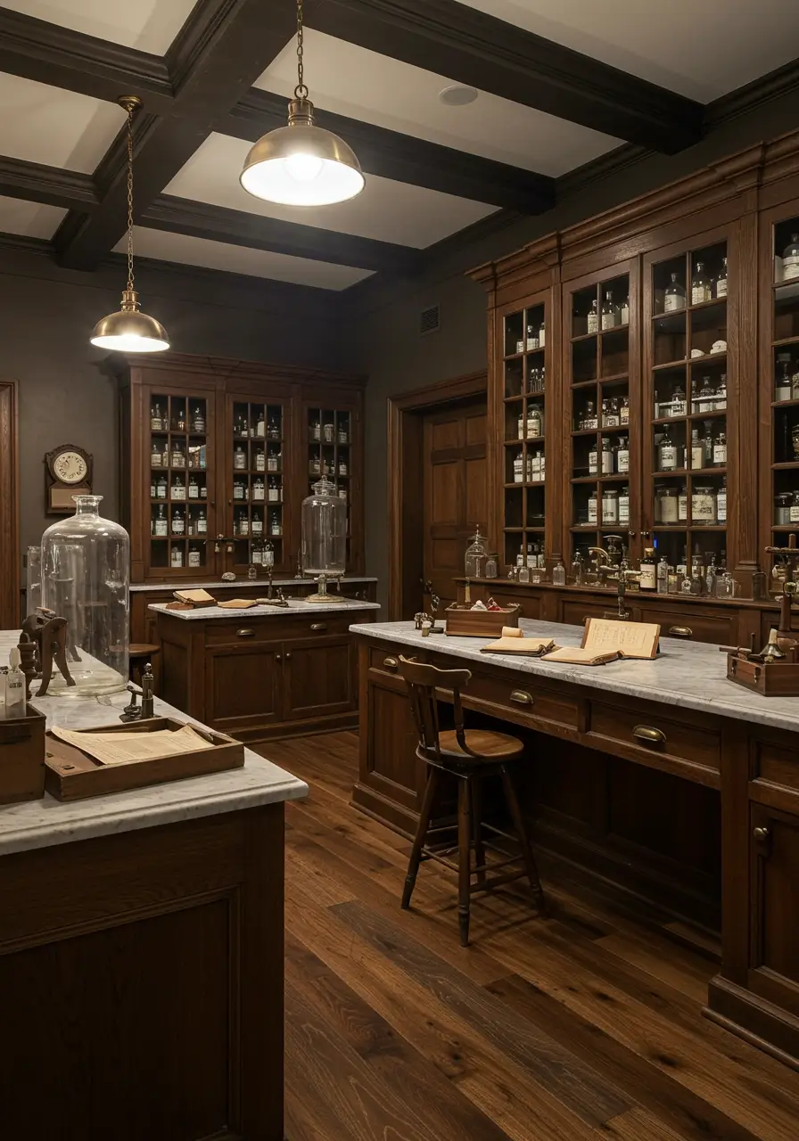 Blending Victorian-era apothecary aesthetics with modern functionality, this basement becomes a sophisticated space for crafting natural remedies, perfumes, and artisanal products.