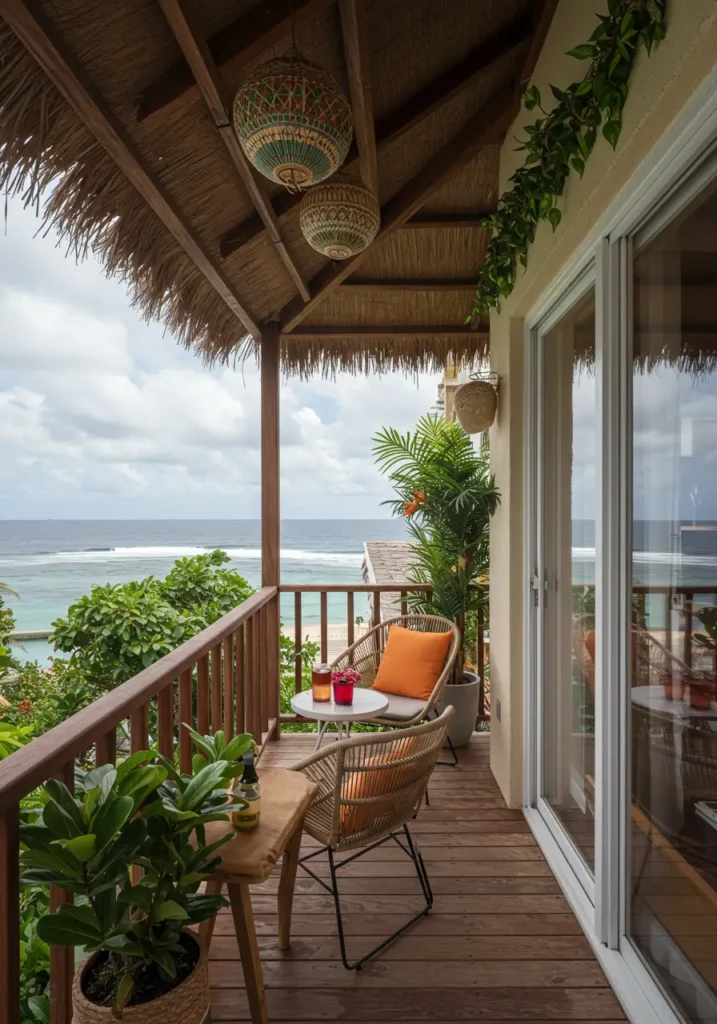 Escape to your own private tropical resort with this vibrant balcony design that brings the energy and warmth of the Caribbean to your urban space through bold colors and lush textures.