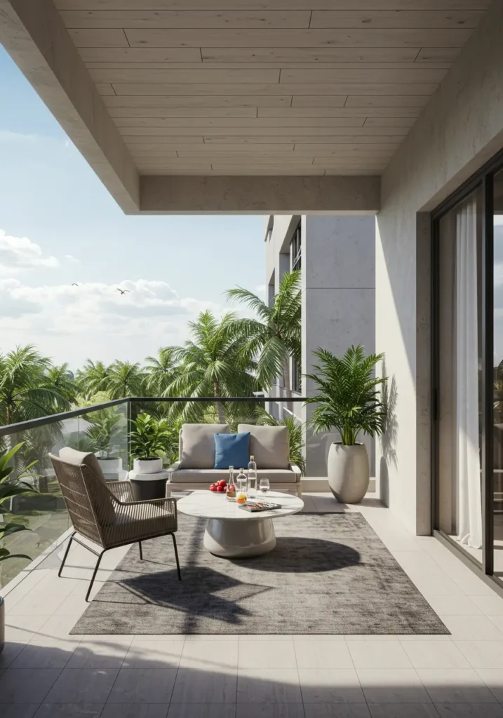 This design brings five-star resort luxury to your balcony, creating an escape that feels like a permanent vacation with high-end materials and tropical sophistication.