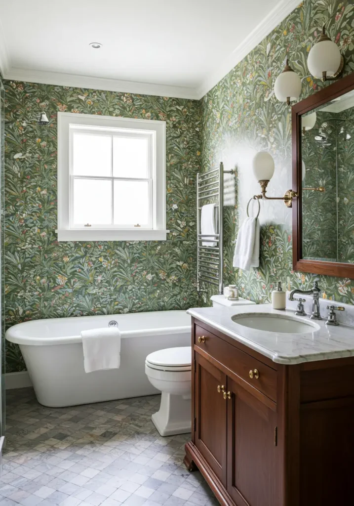 This design transforms the basement bathroom into a lush botanical conservatory reminiscent of Victorian-era greenhouses. Rich botanical patterns, vintage fixtures, and abundant plant life create an immersive garden experience underground.
