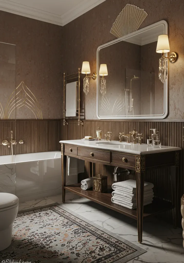Inspired by 1920s luxury hotels, this concept uses metallic finishes and geometric patterns to create opulent visual expansion through reflective surfaces and dramatic lighting.