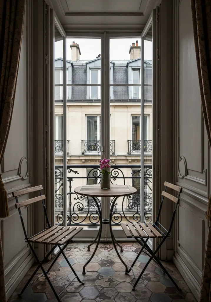 Capturing the romantic charm of Parisian sidewalk cafés and vintage French apartments, this design brings European sophistication to balcony living.