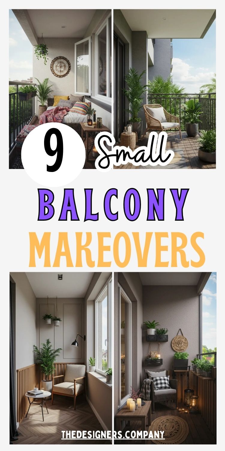 Image shows a collage of four beautifully decorated small balconies, each with unique styles like boho, modern rustic, and cozy Scandinavian. The text reads “9 Small Balcony Makeovers” in bold purple and orange fonts. Each makeover features cozy seating, layered textures, potted plants, wood details, and mood lighting. The overall theme highlights creative, space-saving decor ideas perfect for apartments or small urban homes.