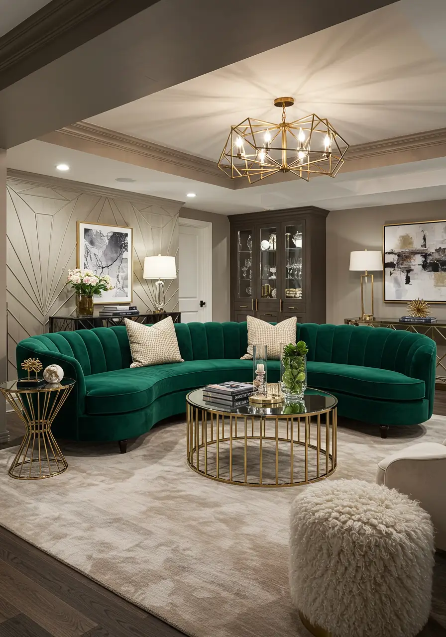 Channel the glamour of the Roaring Twenties with this sophisticated Art Deco-inspired basement featuring geometric patterns, metallic accents, and luxurious fabrics. This design creates an elegant entertaining space perfect for families who appreciate classic Hollywood glamour and sophisticated design.