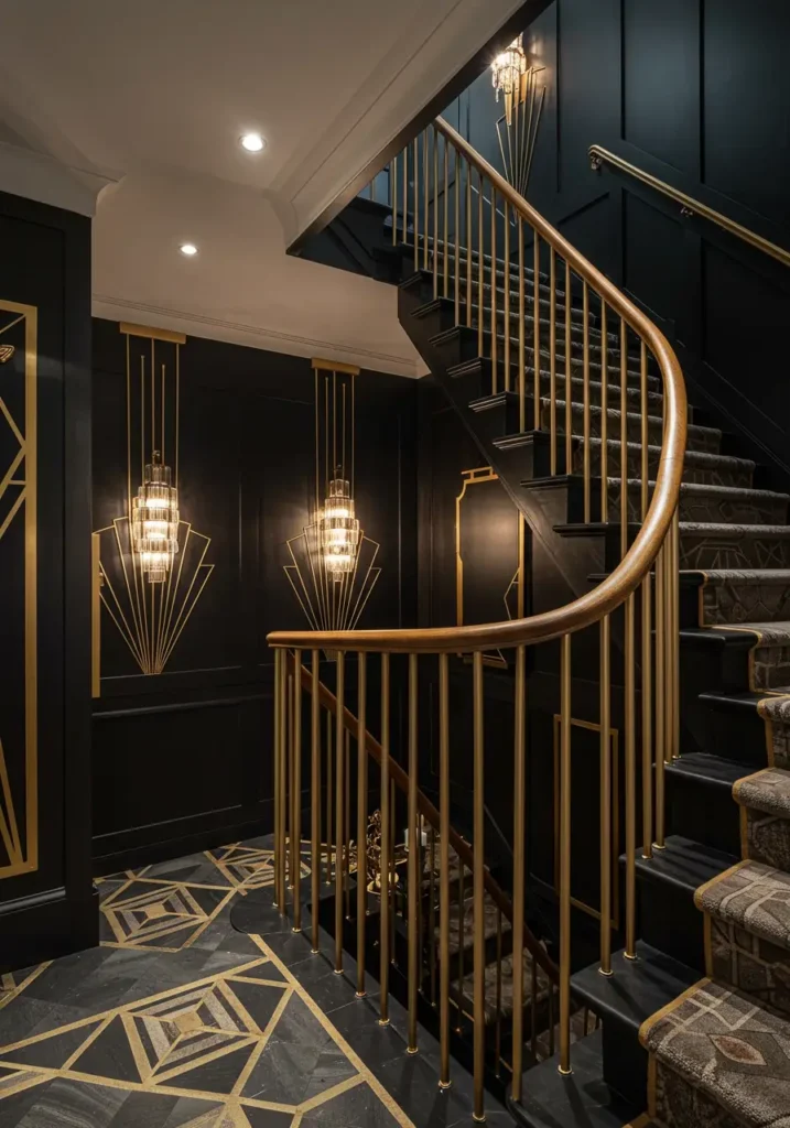 This concept channels the sophisticated elegance of 1920s Art Deco design through geometric patterns, metallic accents, and dramatic lighting to create a glamorous stairwell that feels like a passage to an exclusive speakeasy.