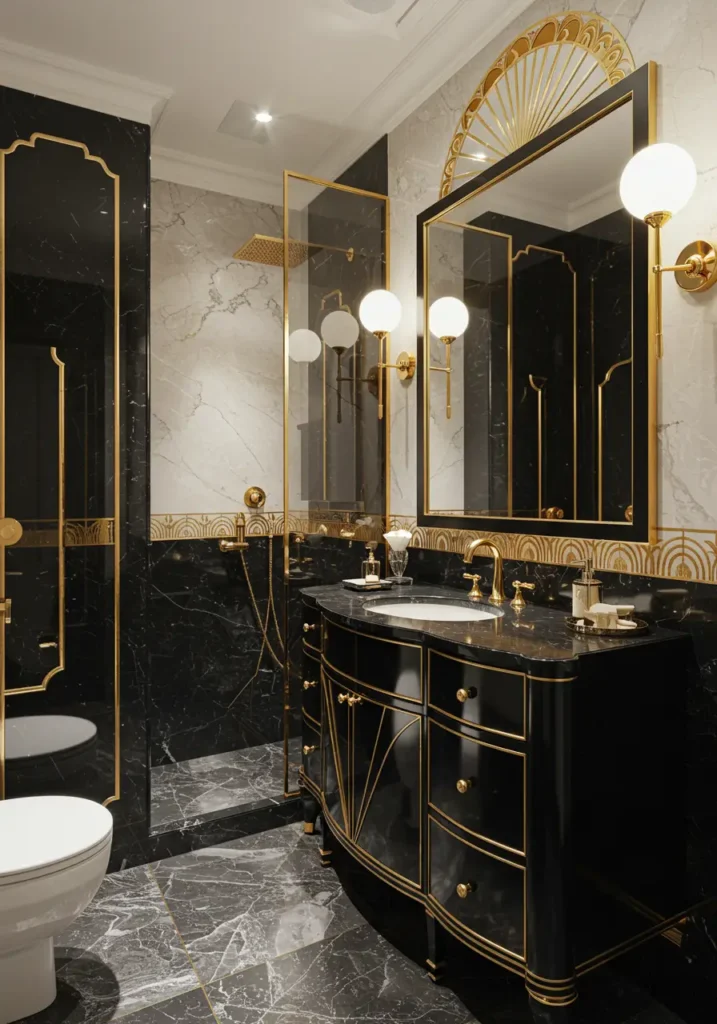 This concept brings the opulence and geometric sophistication of the Art Deco era into a small bathroom, using luxurious materials and dramatic contrasts to create grandeur.