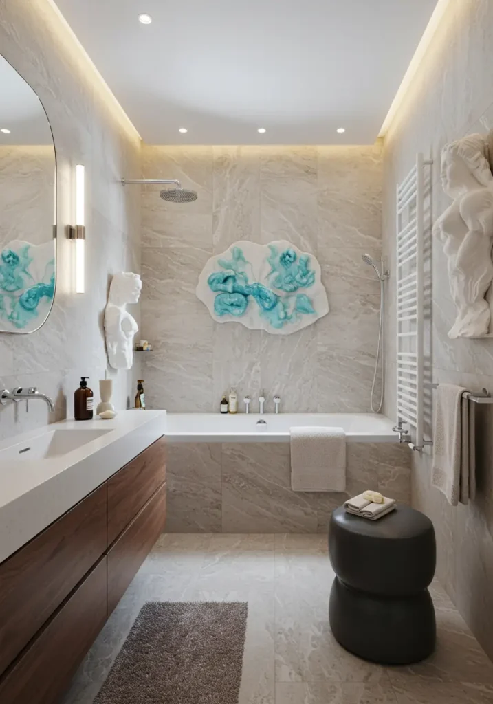 This bathroom functions as a curated art space, incorporating sculptural elements and artistic installations while maintaining full functionality for daily use.