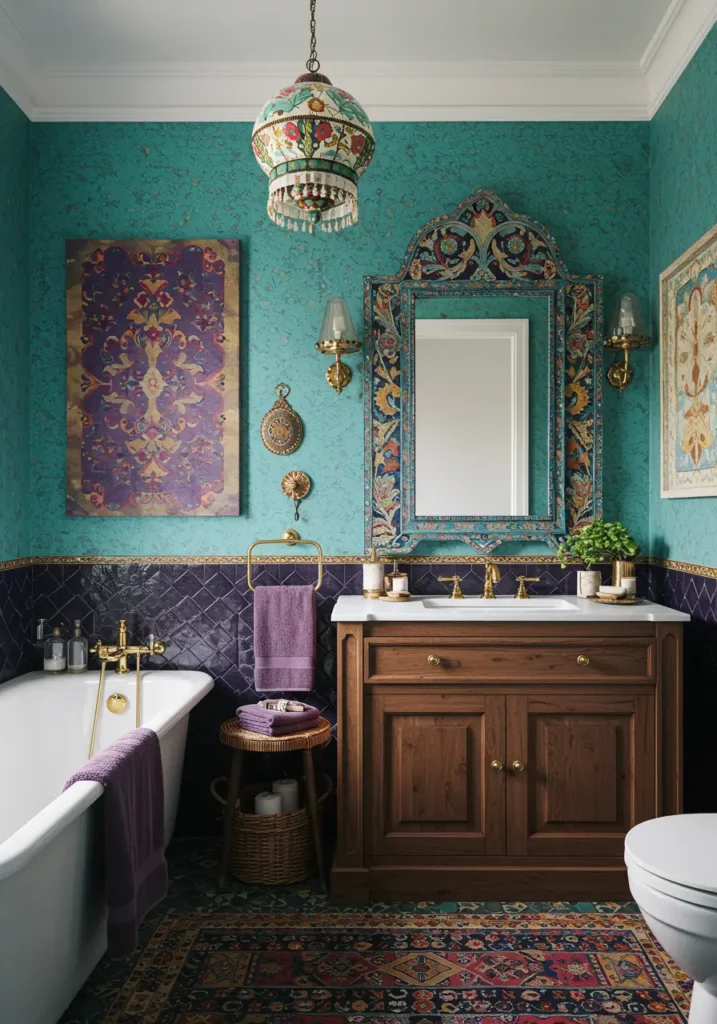 Celebrating world travels and cultural diversity, this design creates a collected-over-time aesthetic that tells personal stories. The concept transforms the bathroom into a global sanctuary filled with meaningful objects and rich textures.