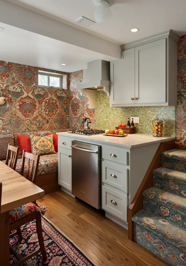 This basement kitchenette celebrates artistic expression through rich textures, vibrant colors, and collected treasures from around the world. Moroccan tiles, vintage textiles, and handcrafted elements create a space that feels like a well-traveled artist's creative retreat. Every surface tells a story in this maximalist masterpiece.