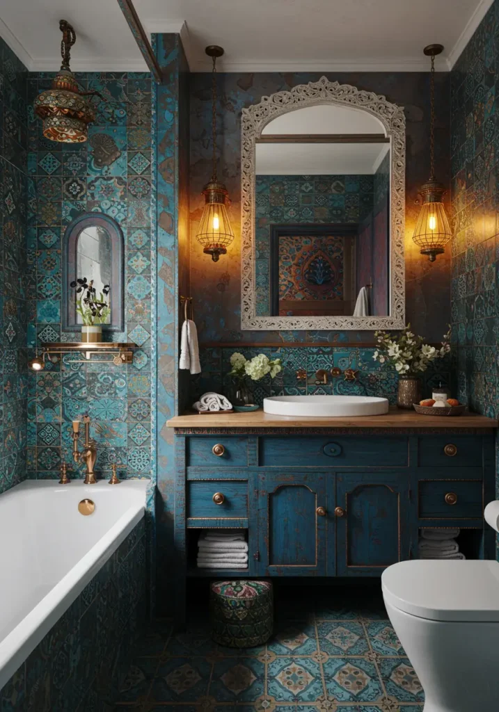 Celebrating creative freedom and global influences, this design transforms a small bathroom into an artistic sanctuary that reflects the free-spirited bohemian lifestyle through rich textures and vibrant colors.