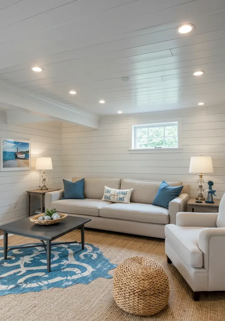 This concept brings the relaxed elegance of coastal design to basement spaces using classic shiplap installation techniques. The design creates a bright, airy feel that transforms dark basements into light-filled retreats.