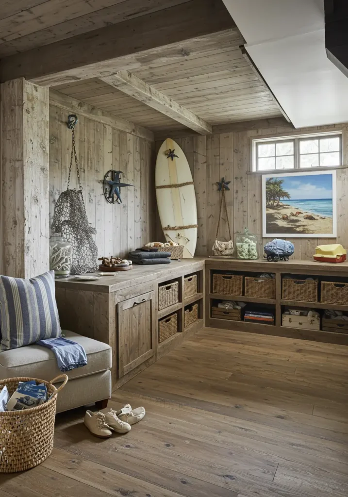 Bringing the laid-back atmosphere of beachside living indoors, this concept creates a relaxed basement retreat with weathered textures, nautical elements, and ocean-inspired colors.