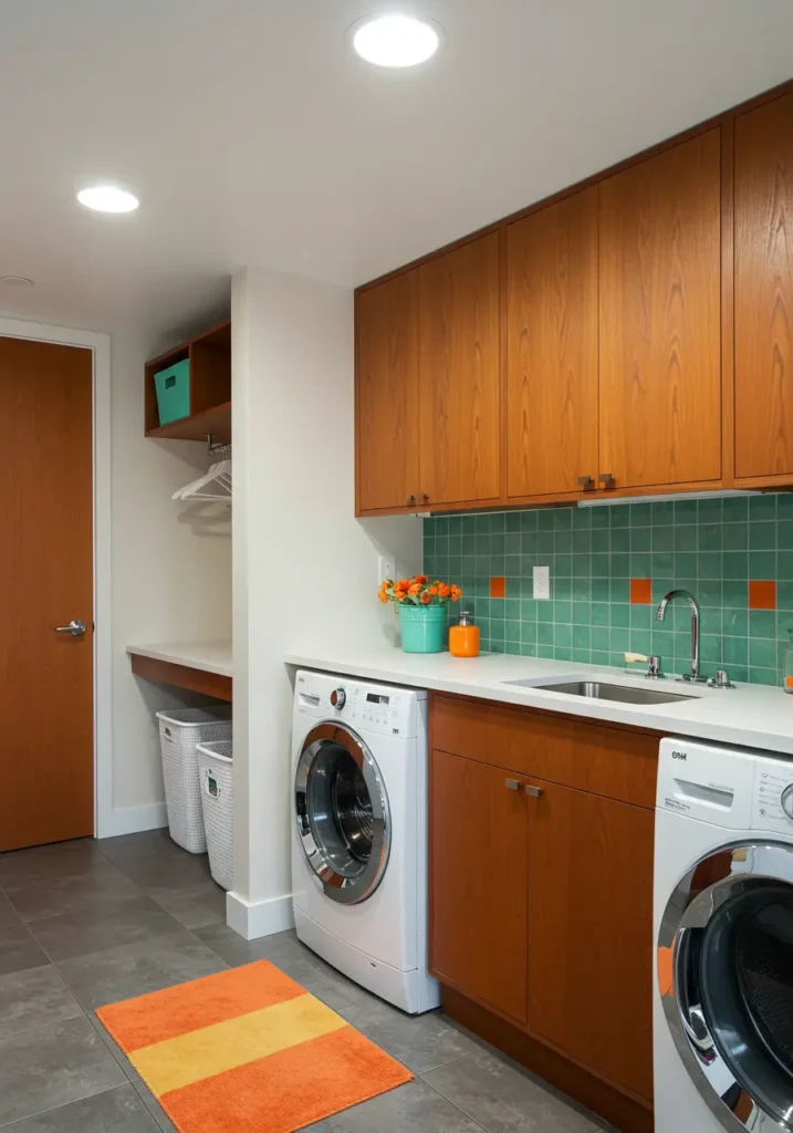 Celebrating the optimistic functionality of 1950s design, this concept creates a basement laundry room that embodies mid-century modern principles of form following function with stylish flair.
