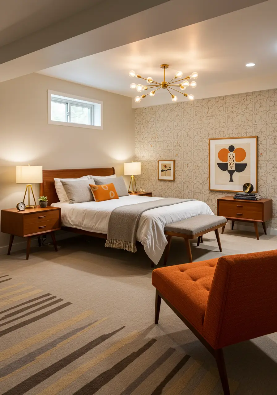 This design celebrates the iconic furniture and design principles of the 1950s and 60s, creating a sophisticated basement bedroom that feels like a vintage modernist retreat.