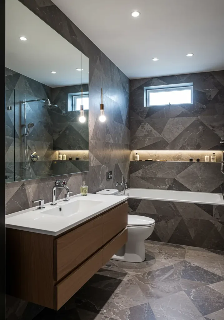 This design celebrates contemporary geometry and bold patterns, creating a visually striking space that feels both artistic and functional. The concept uses mathematical precision and vibrant colors to transform the basement into a modern art installation.