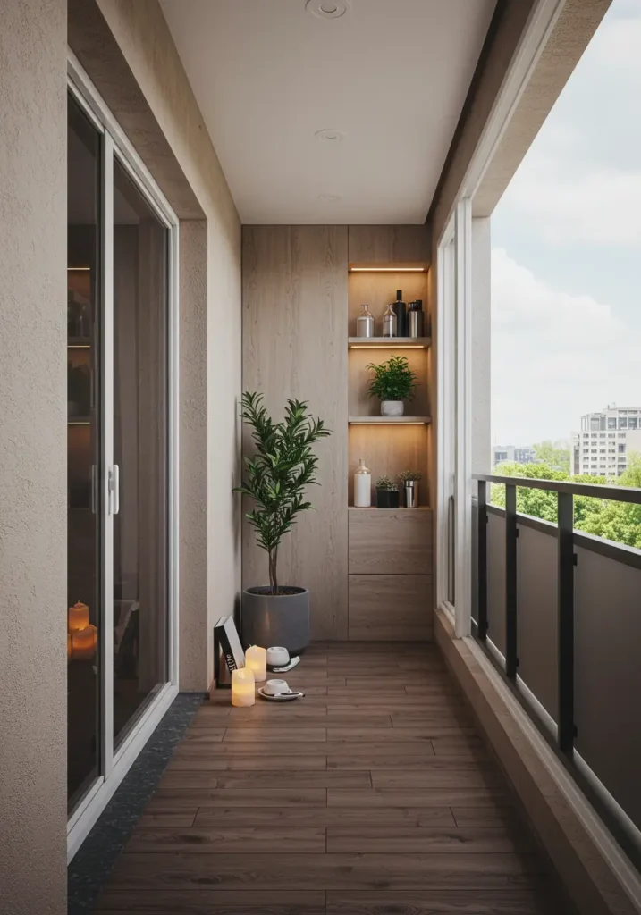 Achieve ultimate serenity through purposeful simplicity in this ultra-modern balcony design that eliminates visual clutter while maximizing comfort and functionality through thoughtful design choices.