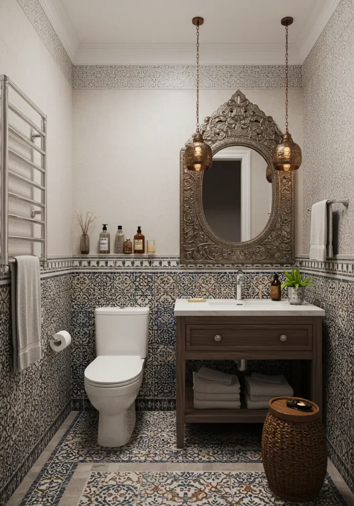 This concept transforms a basic half bath into an exotic retreat using colorful tiles, metallic accents, and rich textures that evoke the warmth and luxury of a Moroccan riad.