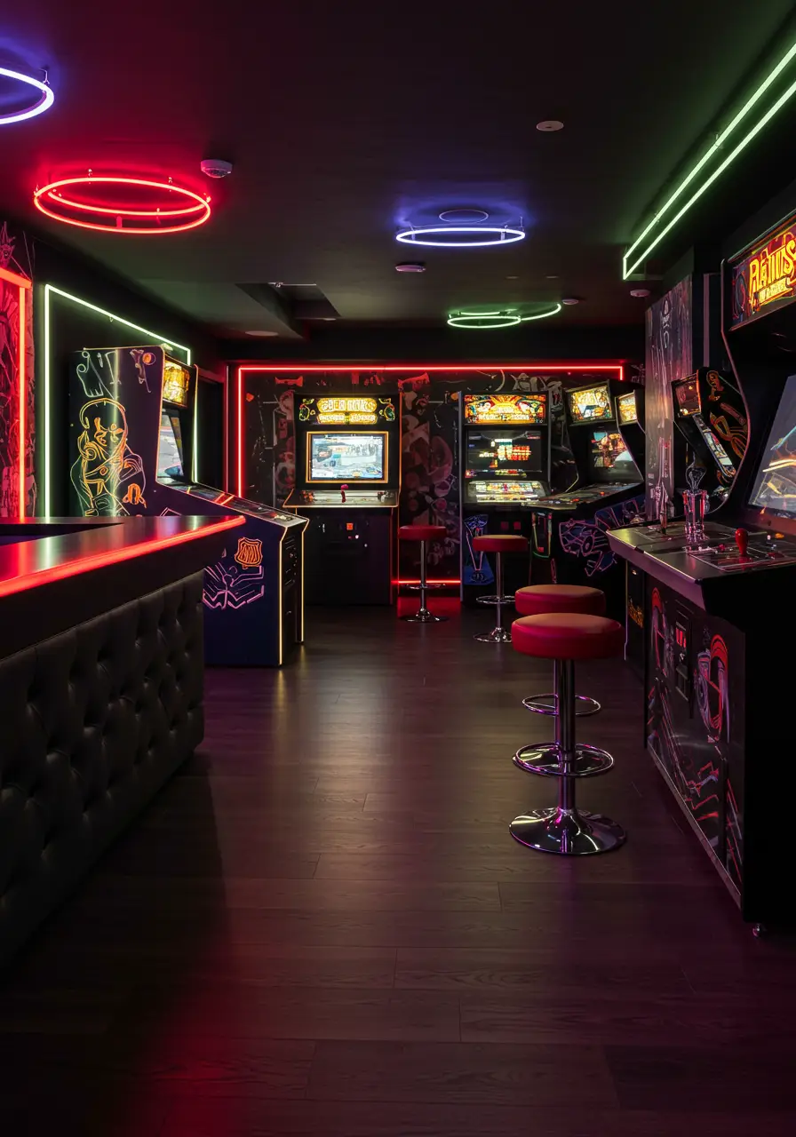 Combining nostalgic gaming culture with modern bar design to create the ultimate entertainment space for gamers and socializers alike.