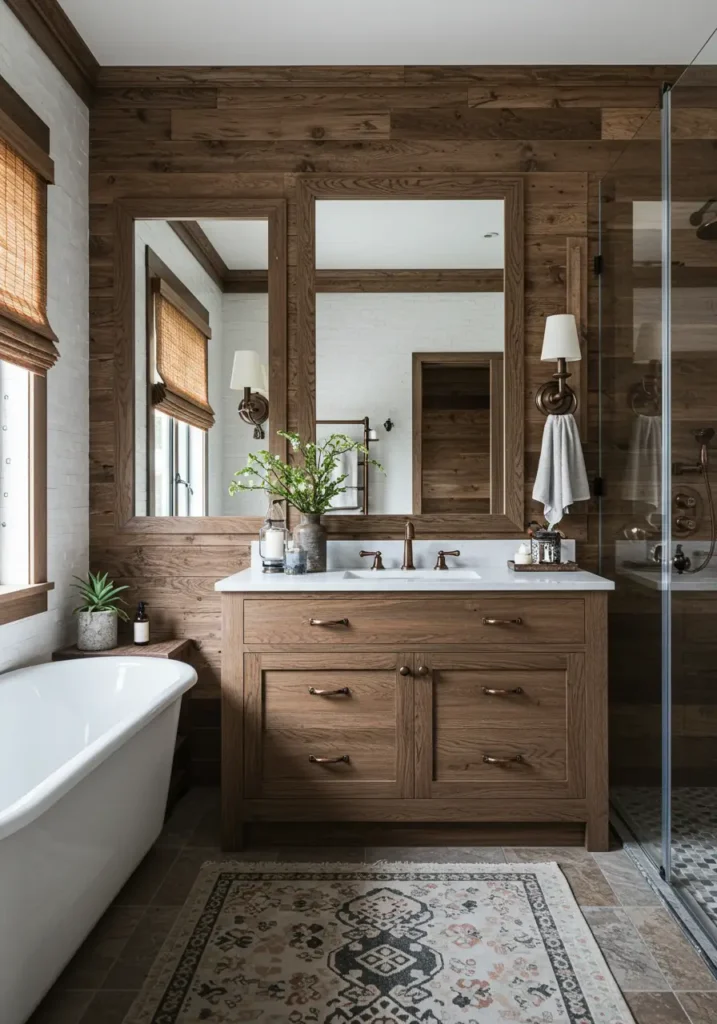 Combining countryside charm with modern luxury, this bathroom celebrates the beauty of imperfection and handcrafted details. The design honors traditional farmhouse aesthetics while incorporating contemporary amenities.