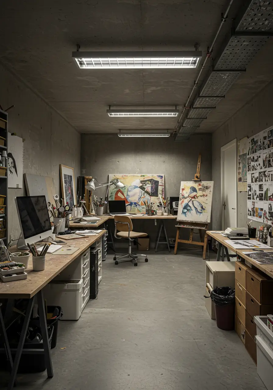 Designed for the creative soul, this basement concept transforms the space into a functional artist's studio that doubles as a gallery, featuring professional lighting, organized storage, and inspirational design elements that nurture creativity.
