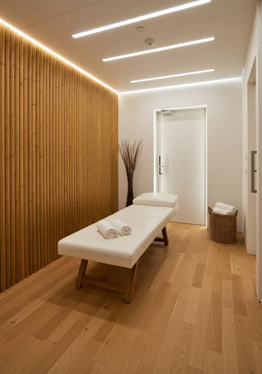 Inspired by modern wellness retreats and Japanese spa culture, this basement design creates a clean, serene environment focused on health, fitness, and mental well-being.